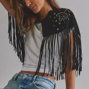 Free People Lights Out Embellished Fringe Suede Cape - Black - NWT